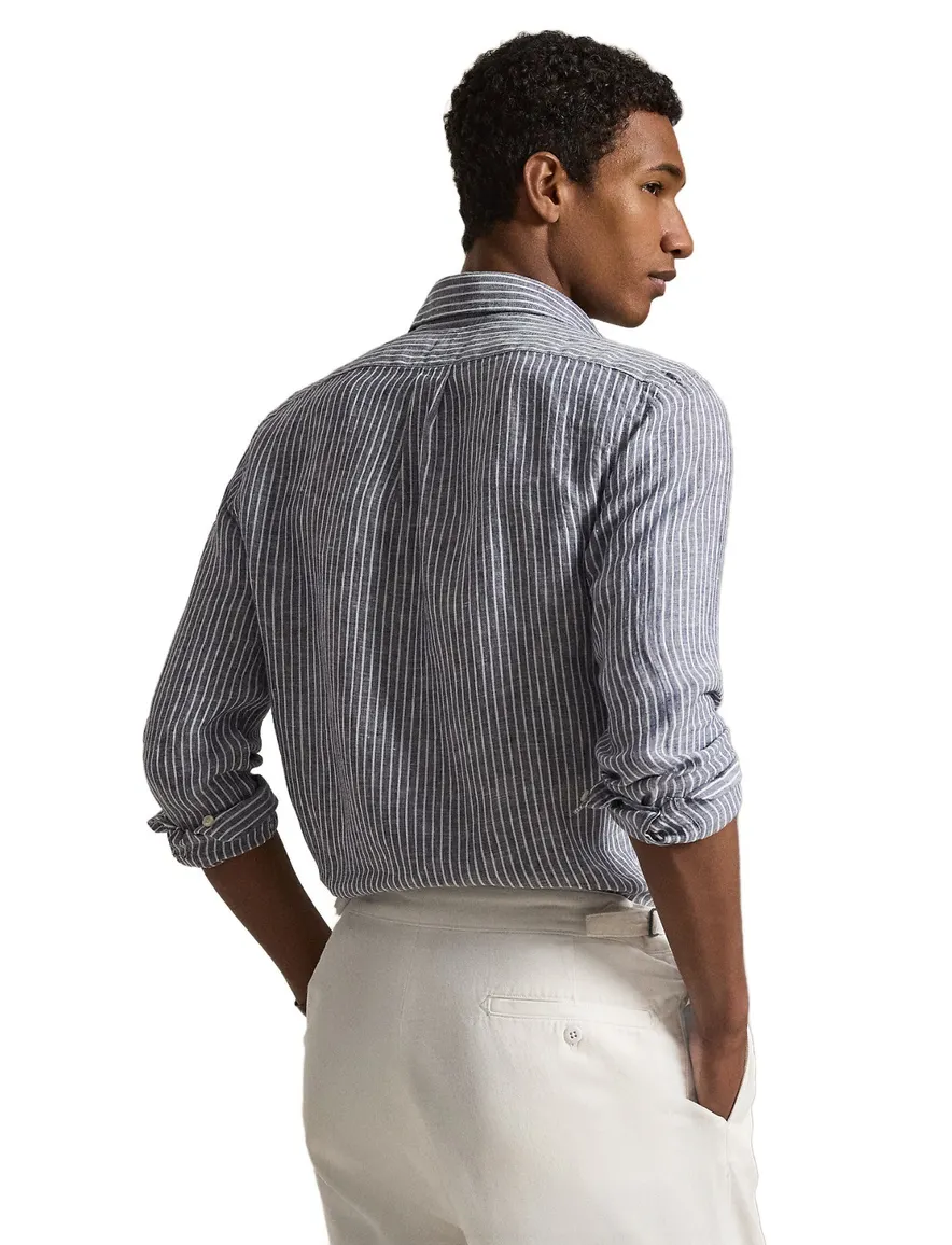 Overhemd Polo Ralph Lauren Custom Fit navy wit gestreept linnen