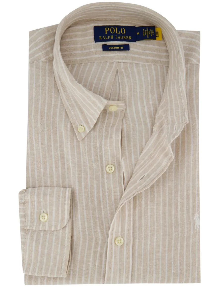Overhemd Polo Ralph Lauren Custom Fit beige wit gestreept linnen