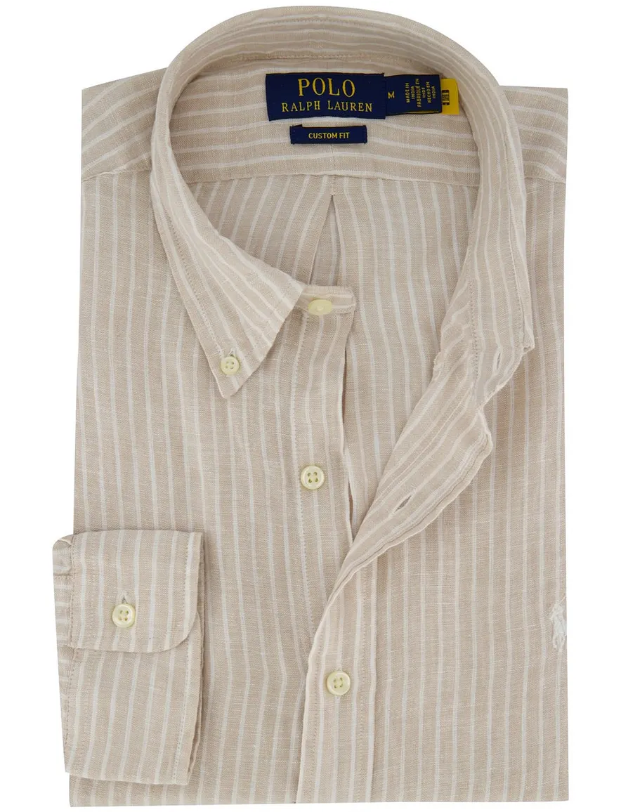 Overhemd Polo Ralph Lauren Custom Fit beige wit gestreept linnen