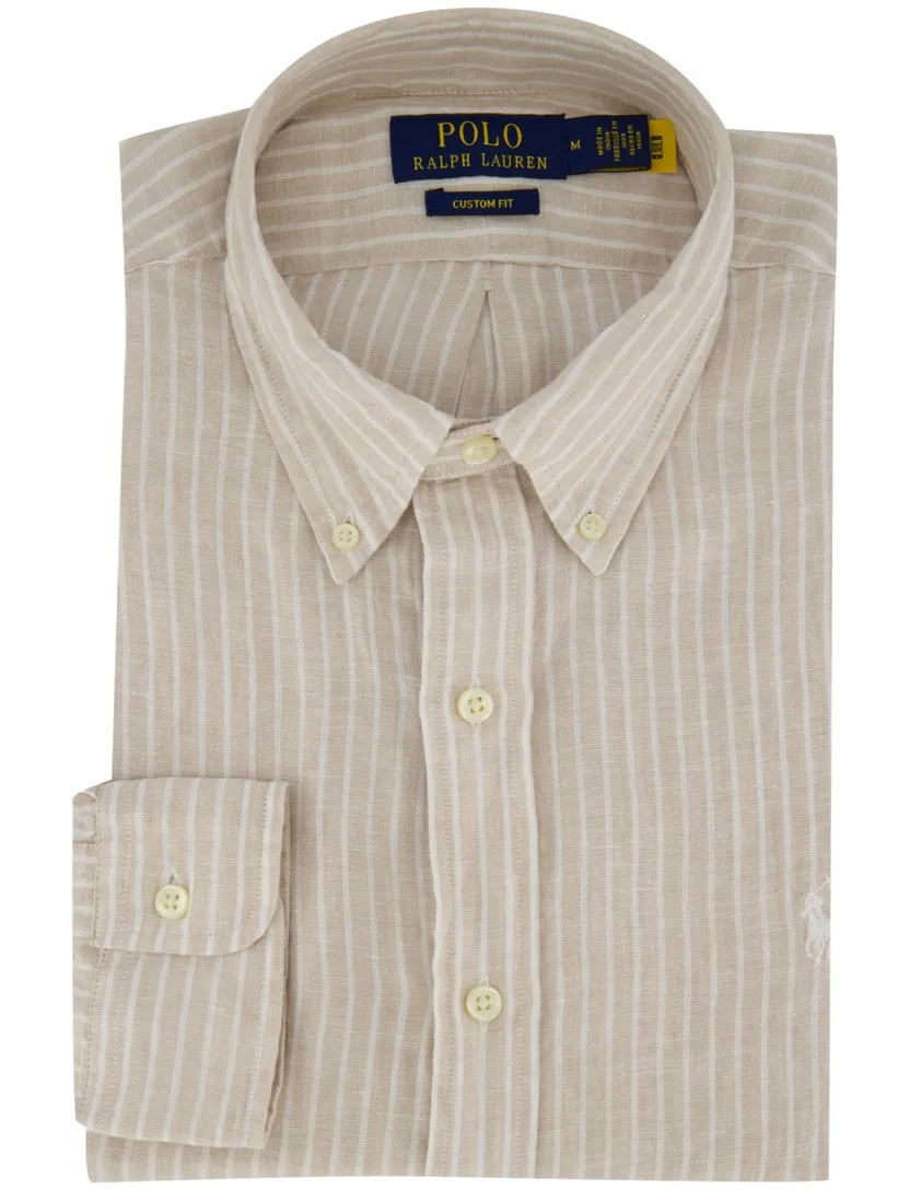 Beige wit gestreept linnen Polo Ralph Lauren Custom Fit overhemd