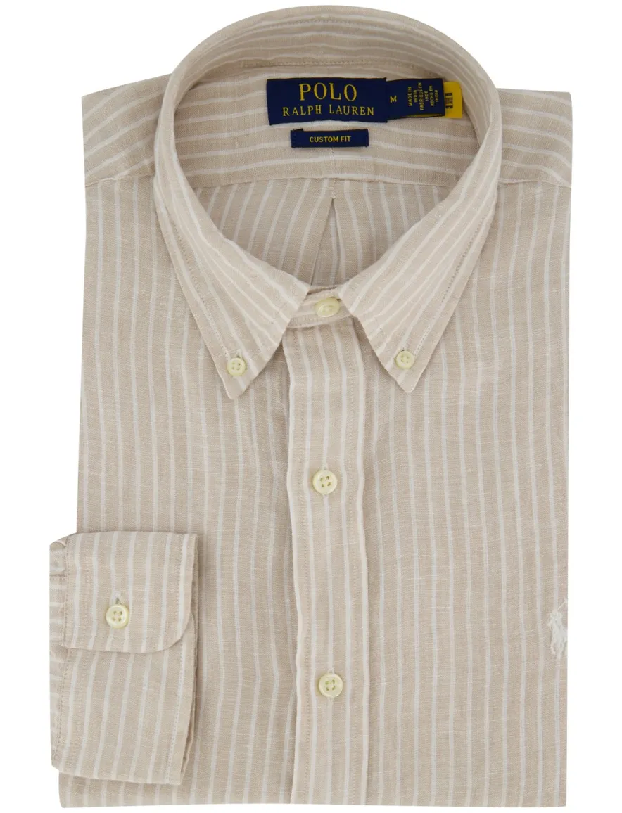 Overhemd Polo Ralph Lauren Custom Fit beige wit gestreept linnen