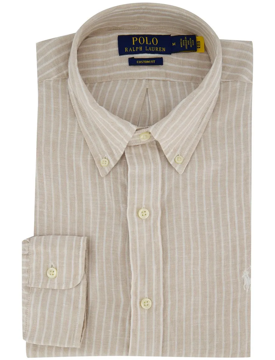 Overhemd Polo Ralph Lauren Custom Fit beige wit gestreept linnen