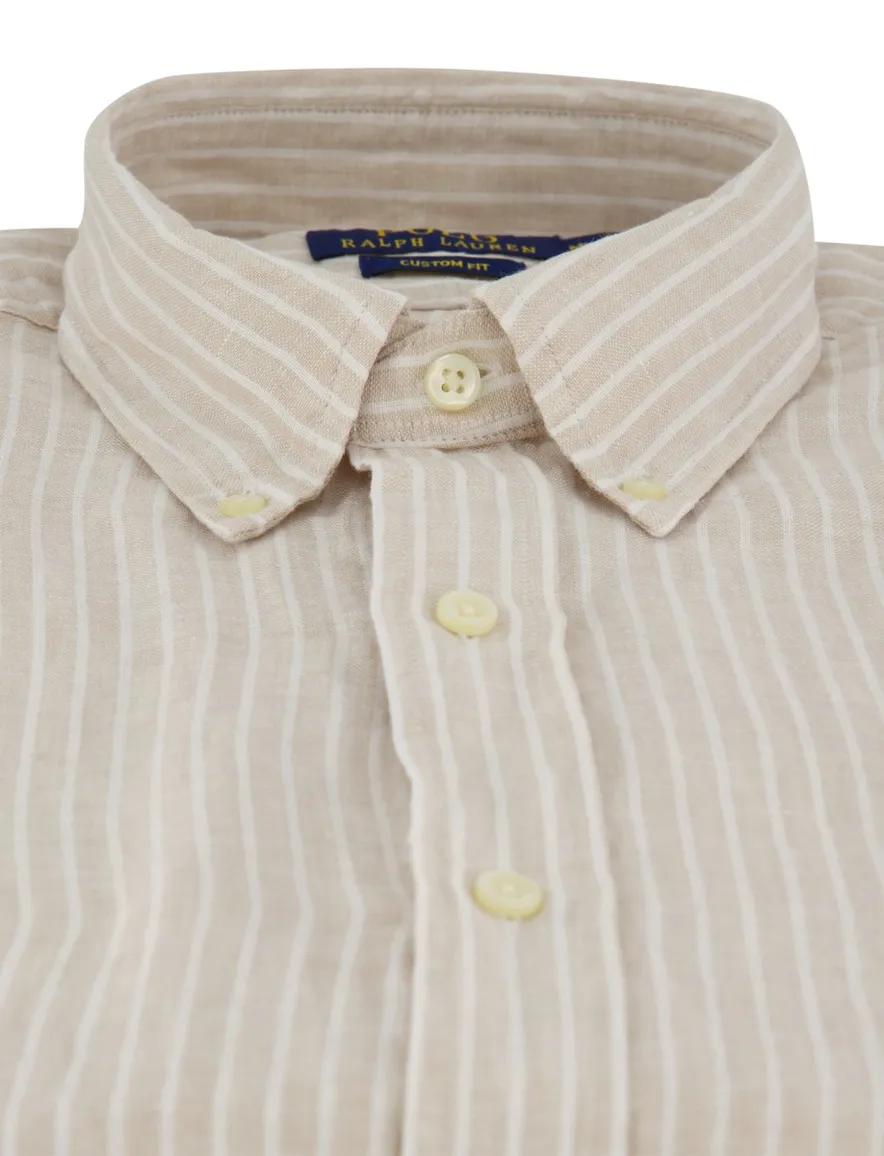 Overhemd Polo Ralph Lauren Custom Fit beige wit gestreept linnen