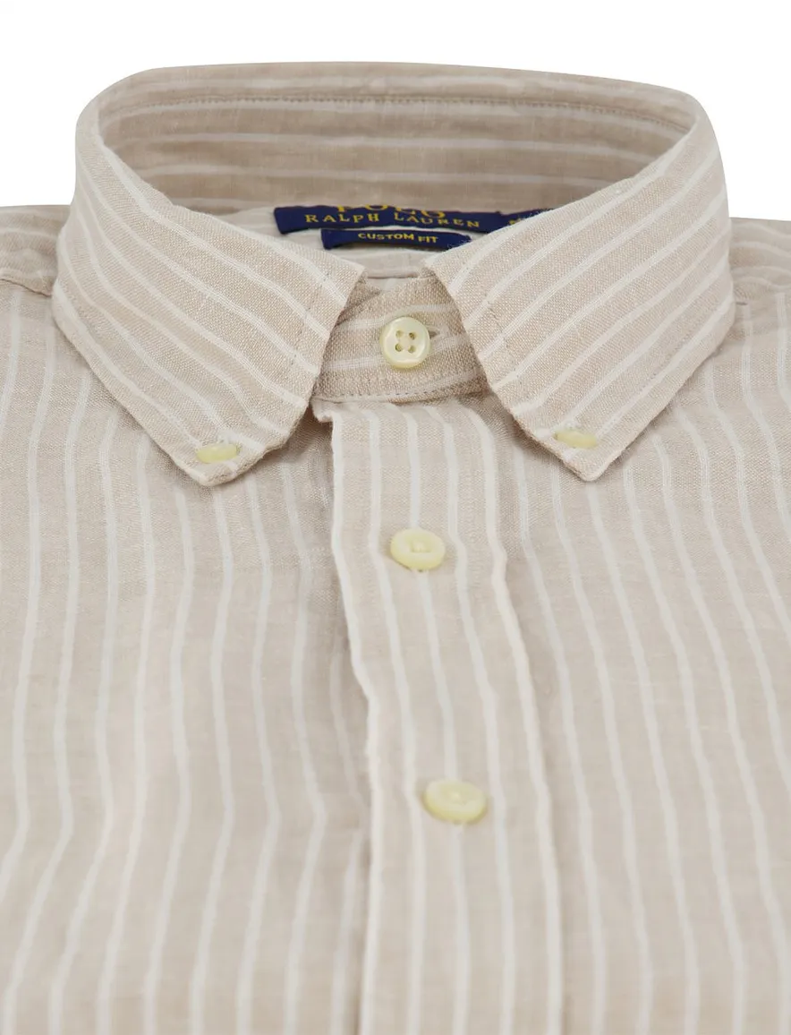 Overhemd Polo Ralph Lauren Custom Fit beige wit gestreept linnen