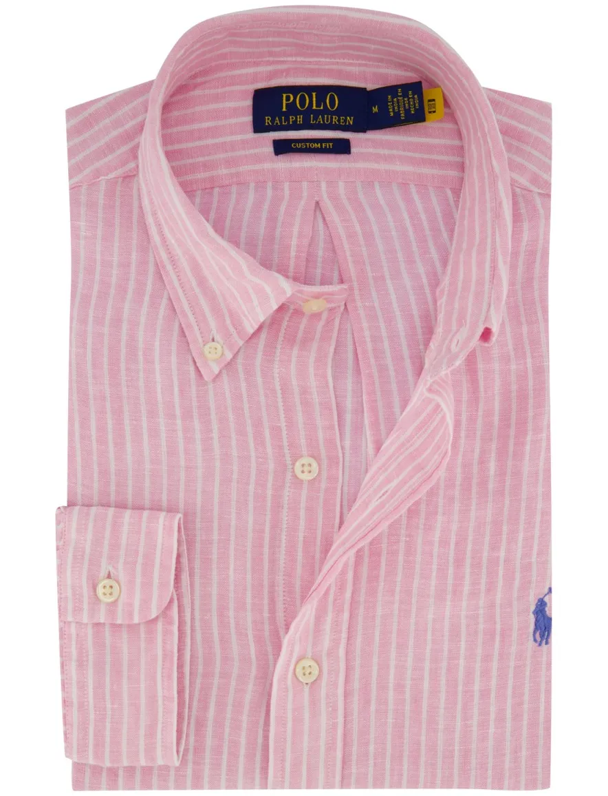 Overhemd Polo Ralph Lauren Custom Fit roze wit gestreept linnen