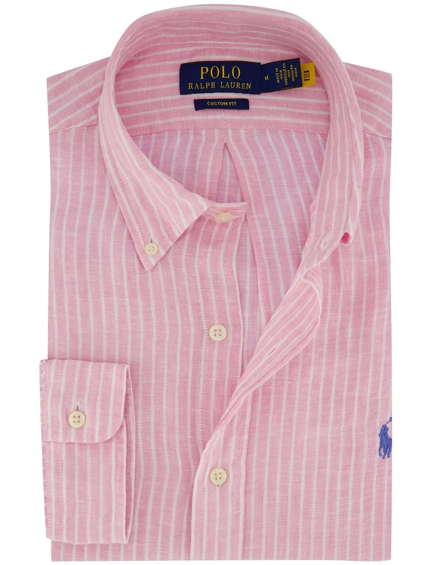 Overhemd Polo Ralph Lauren Custom Fit roze wit gestreept linnen