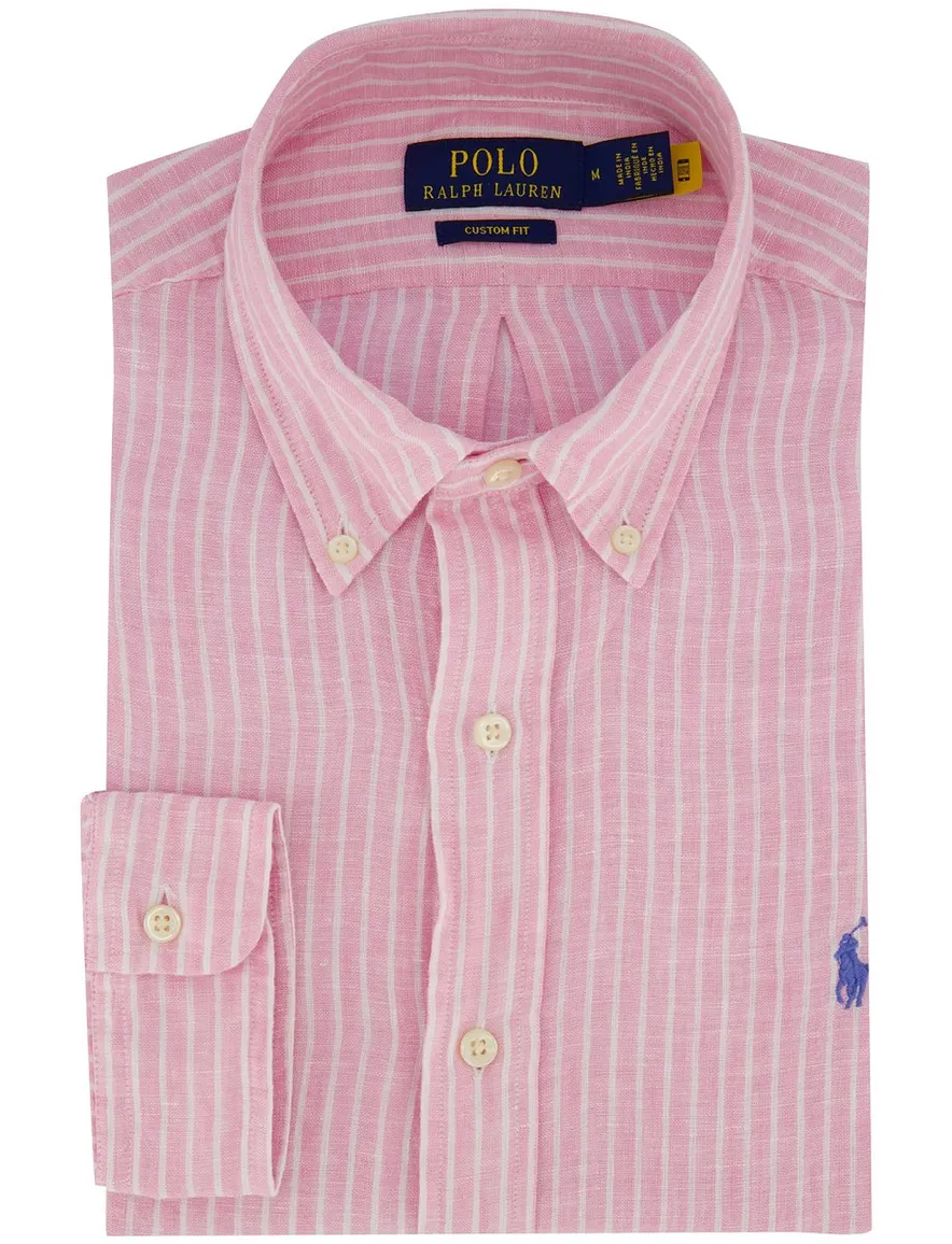 Overhemd Polo Ralph Lauren Custom Fit roze wit gestreept linnen