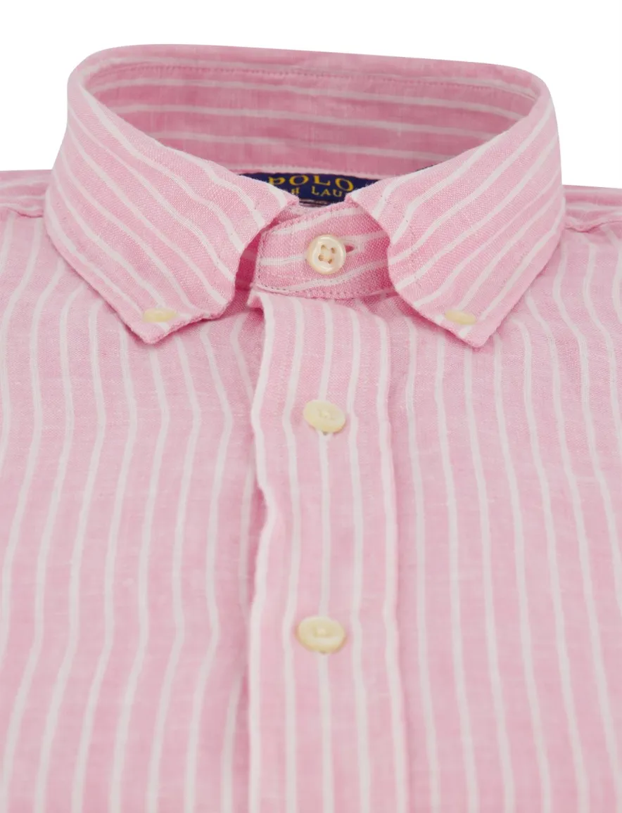 Overhemd Polo Ralph Lauren Custom Fit roze wit gestreept linnen