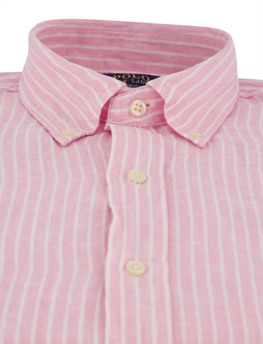 Overhemd Polo Ralph Lauren Custom Fit roze wit gestreept linnen