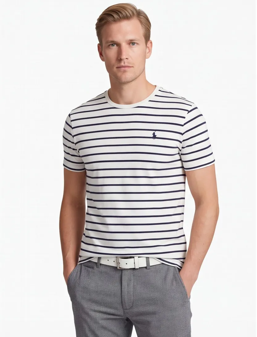 Wit Polo Ralph Lauren T-shirt Custom Slim Fit navy gestreept