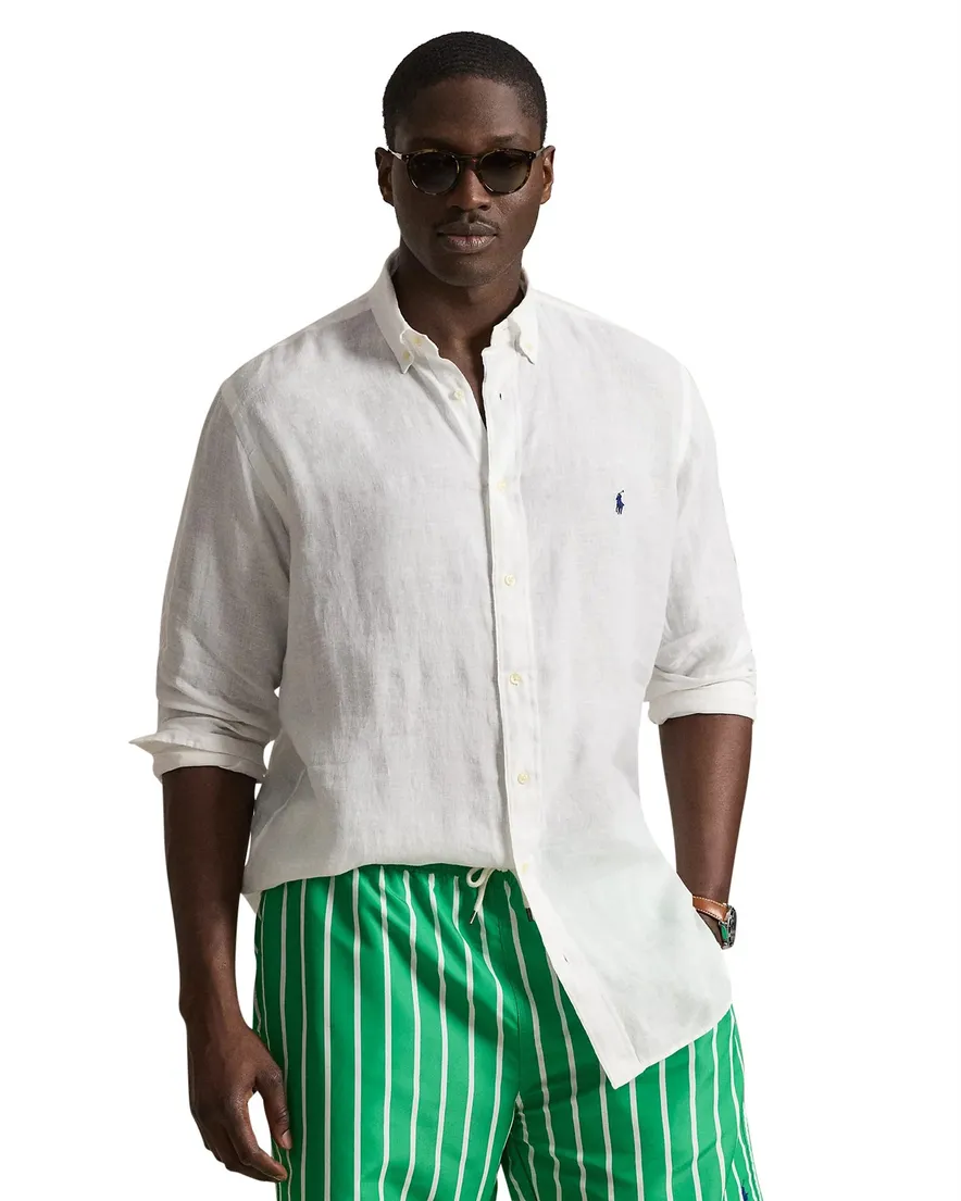 Polo Ralph Lauren Big & Tall Overhemd wit met witte knoop linnen