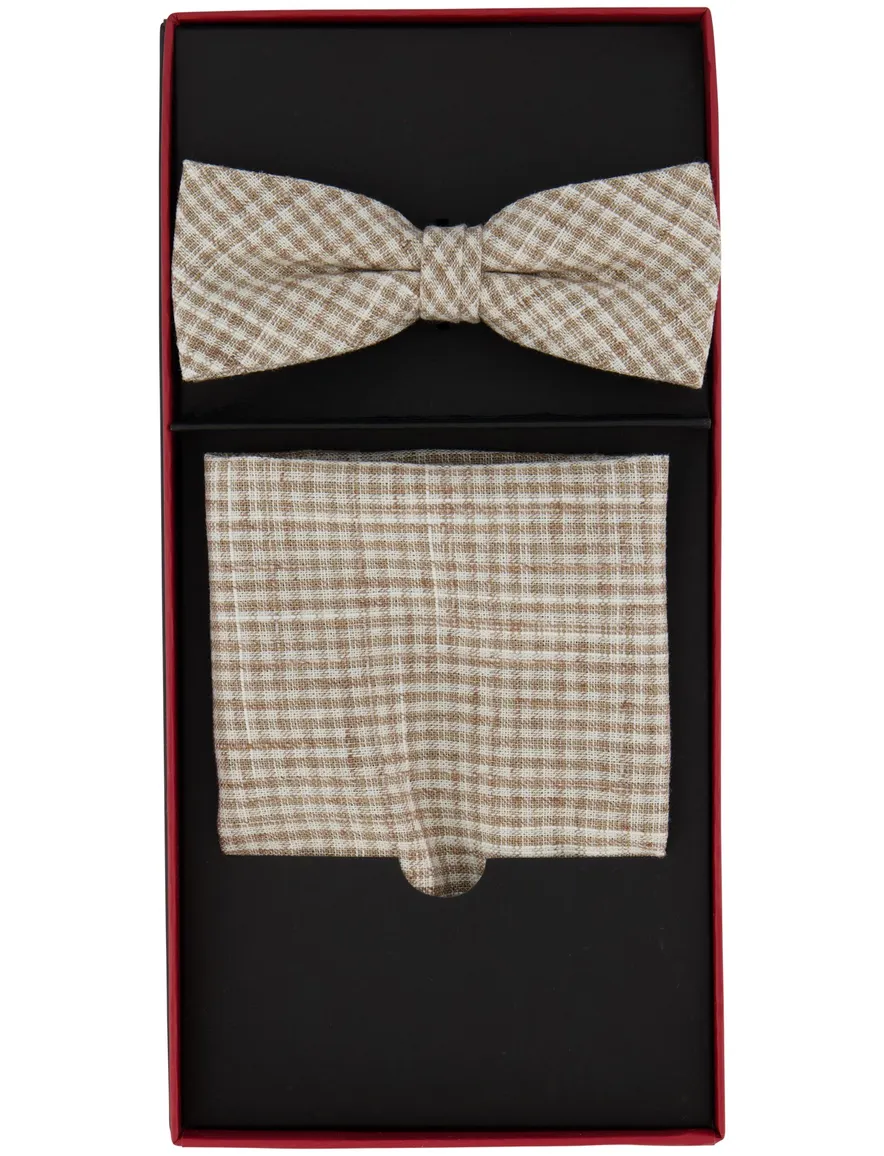 geruite beige strik en pochet set Club of Gents viscose
