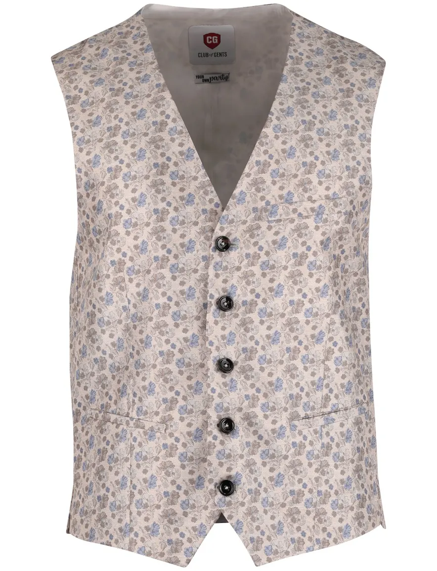Club of Gents gilet zijde beige met blauwe broemen print