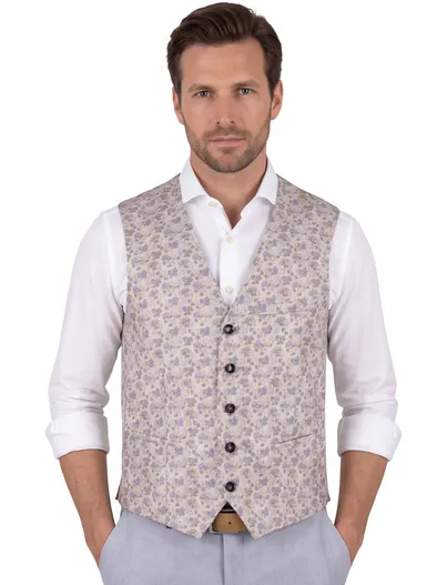 Carl Gross Club of Gents gilet zijde beige met blauwe broemen print