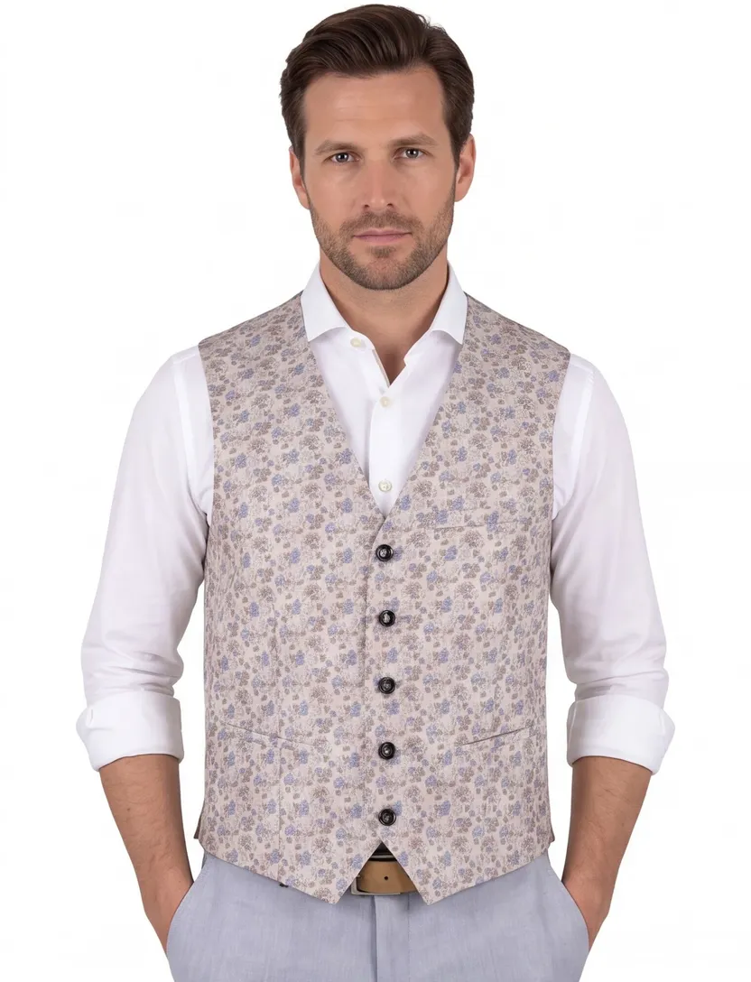 Gilet Club of Gents beige bloemtjes print zijde en zakken