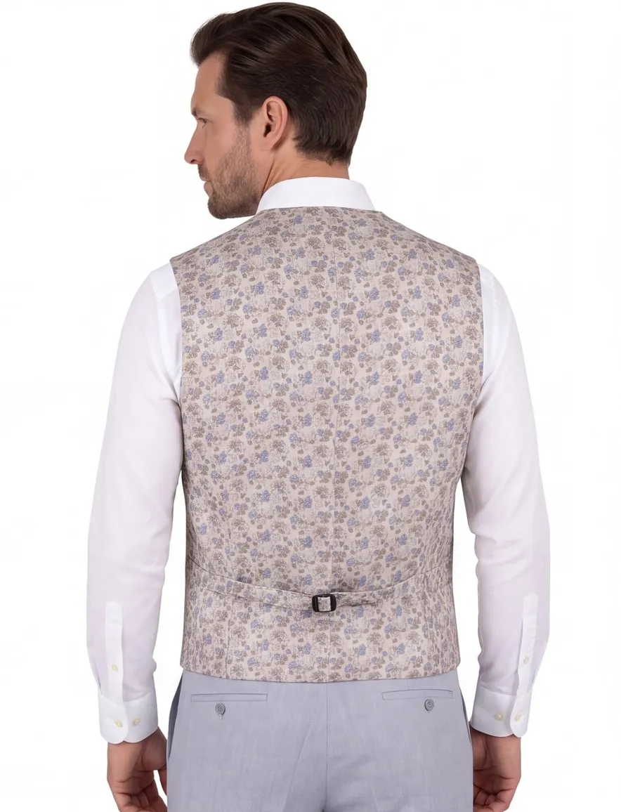 Club of Gents gilet zijde beige met blauwe broemen print
