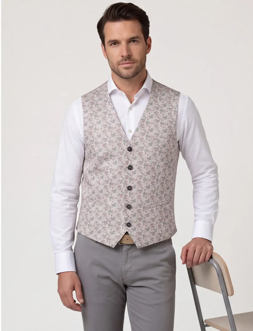 Club of Gents gilet zijde beige met groene bloemen print