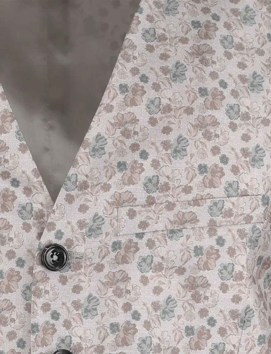 Club of Gents gilet zijde beige met groene bloemen print