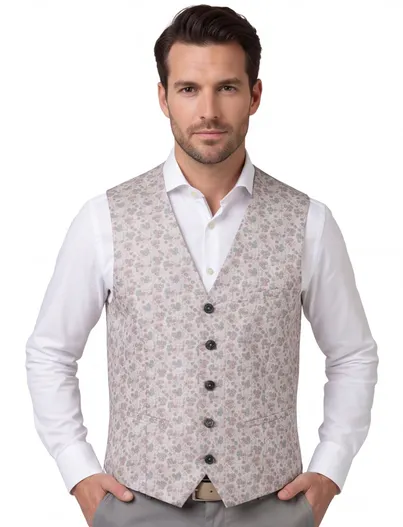 Carl Gross Club of Gents gilet zijde beige met groene bloemen print