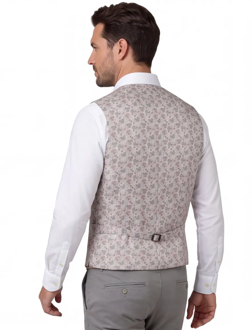 Club of Gents gilet zijde beige met groene bloemen print