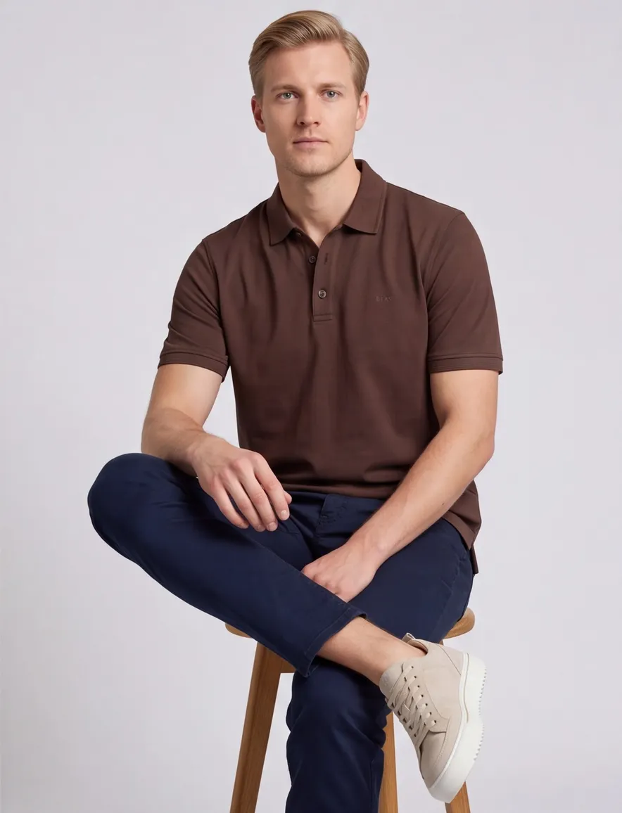 Brax polo bruin normale fit korte mouw katoen