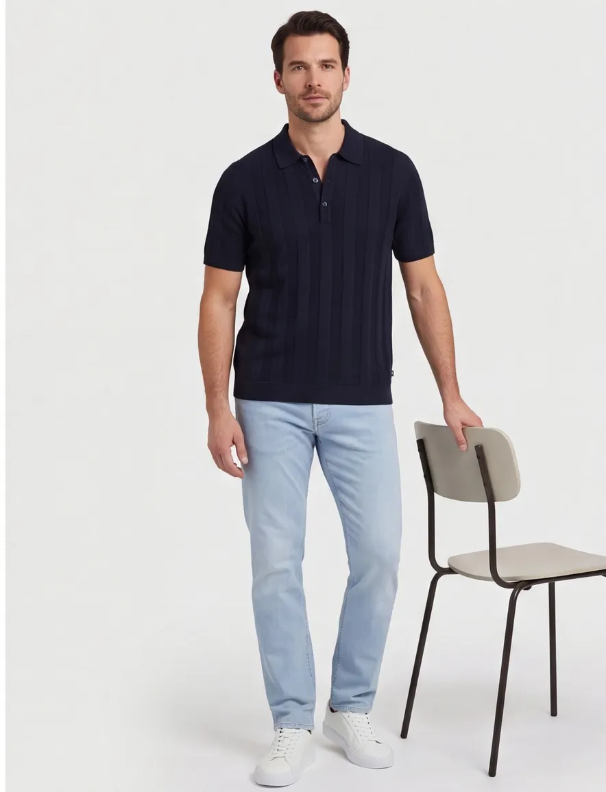 Brax poloshirt donkerblauw gestreept normale fit katoen