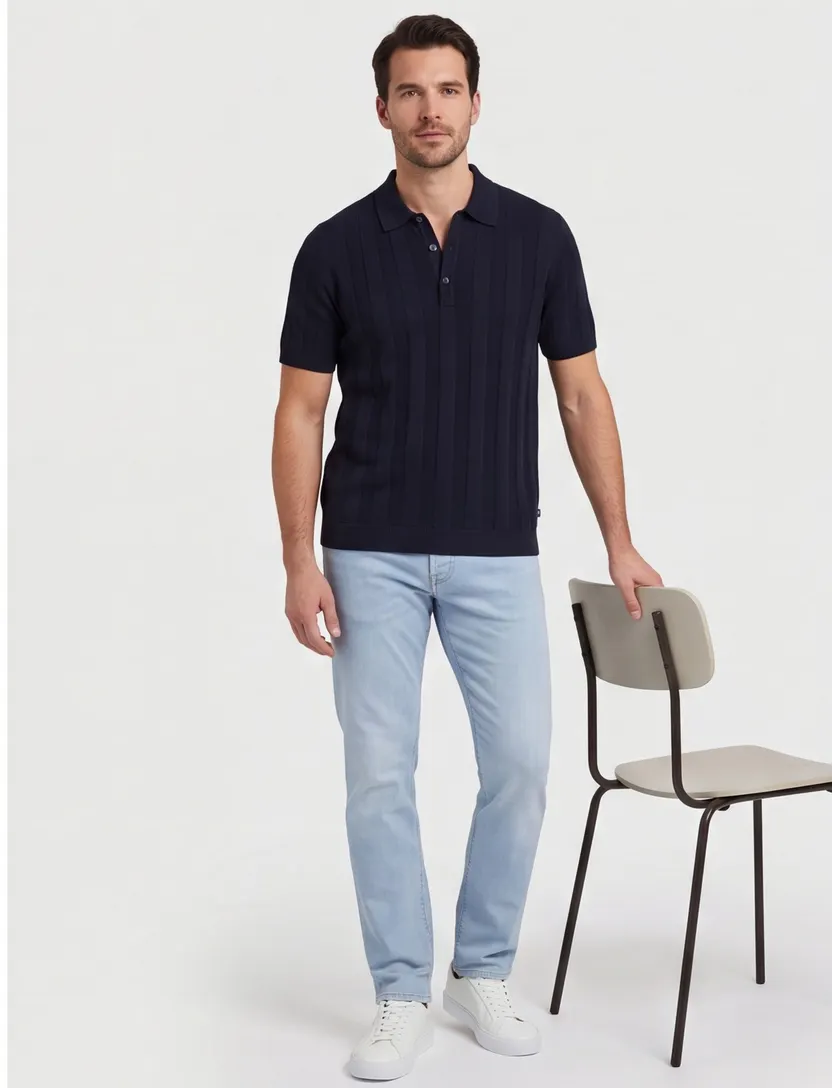 Brax poloshirt gestreept donkerblauw normale fit katoen
