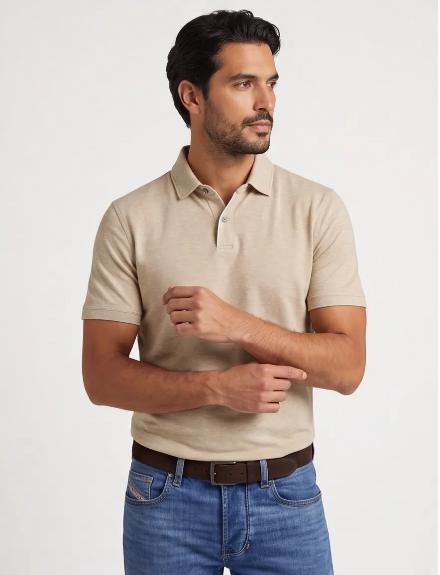 Beige poloshirt Bugatti gemeleerd linnen katoen blend