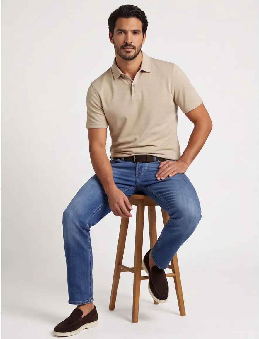 Beige poloshirt Bugatti gemeleerd linnen katoen blend