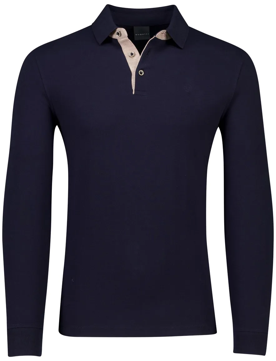 Poloshirt donkerblauw Bugatti beige knooprand