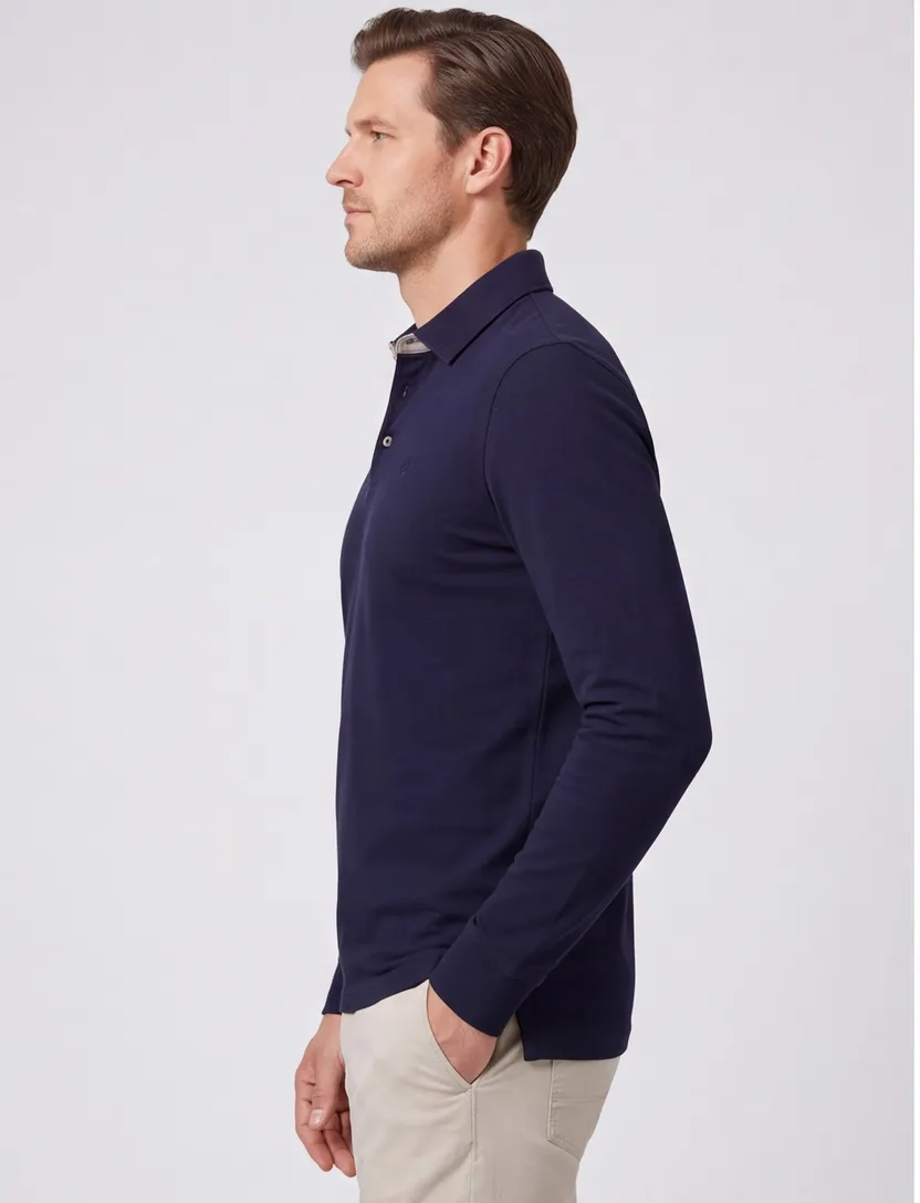 Donkerblauw poloshirt Bugatti knooprand beige