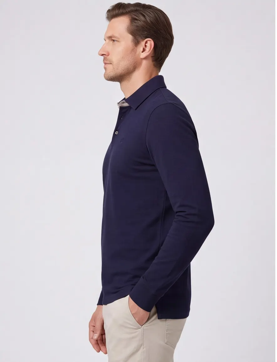 Poloshirt donkerblauw Bugatti beige knooprand