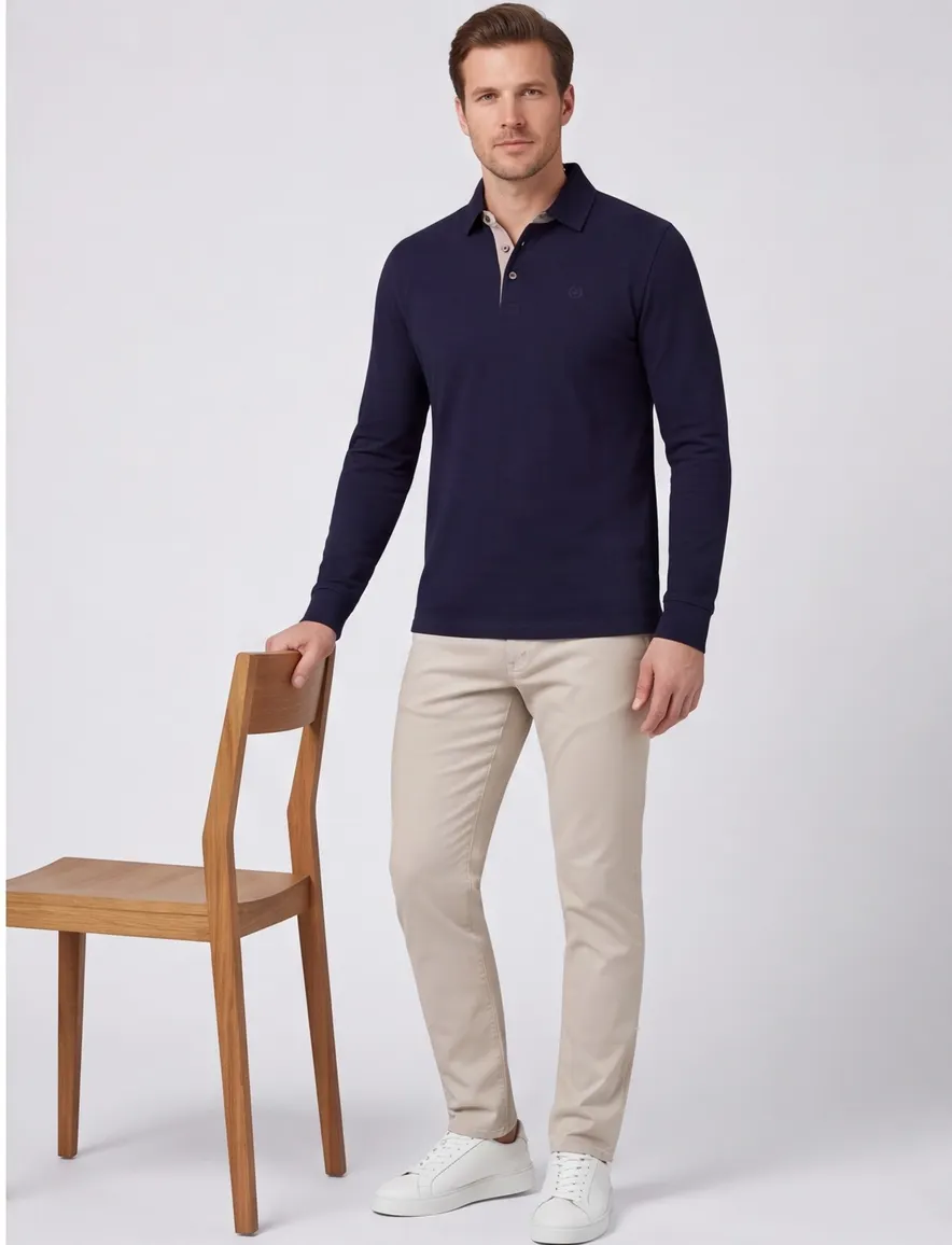 Poloshirt donkerblauw Bugatti beige knooprand