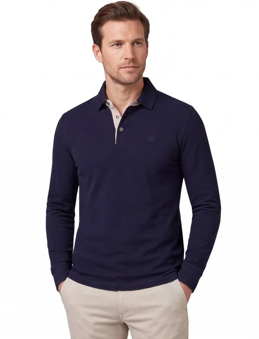 Poloshirt donkerblauw Bugatti beige knooprand