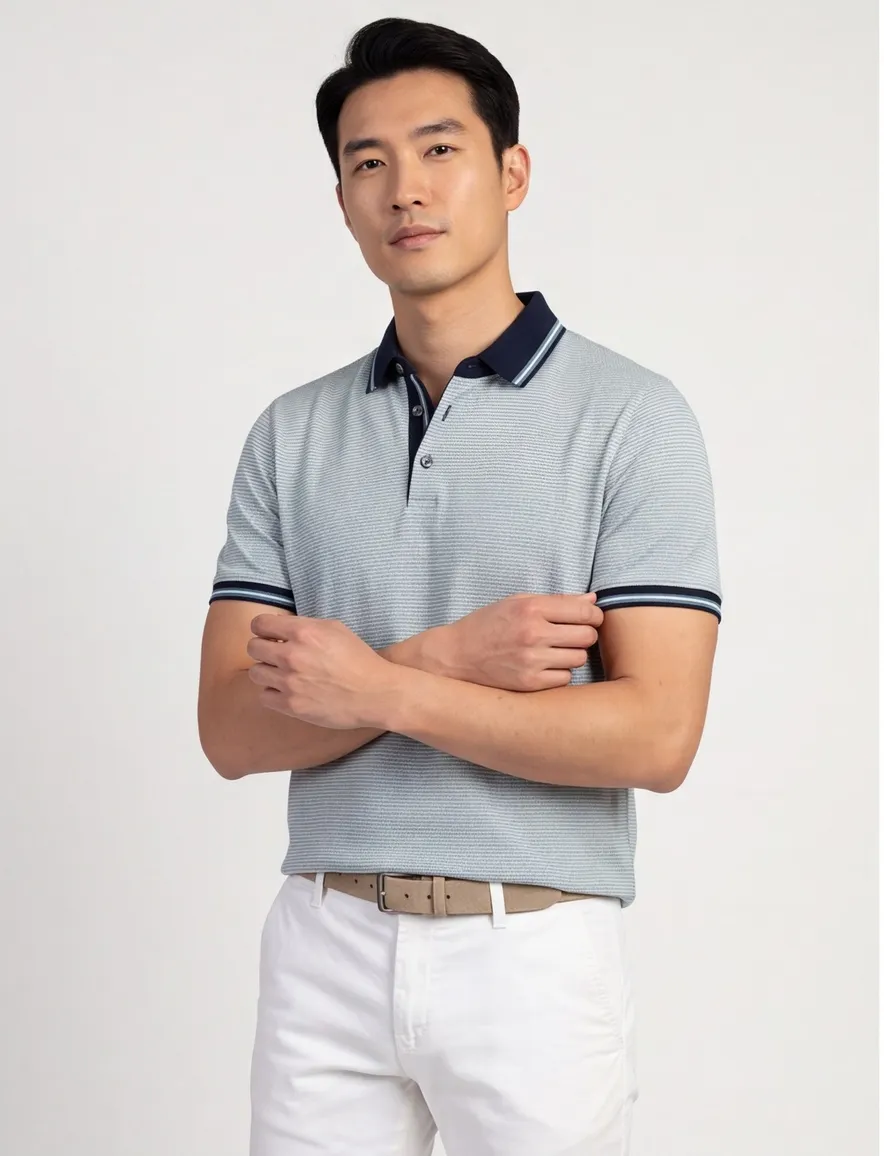 Blauw Bugatti poloshirt strepen donkere mouwrand