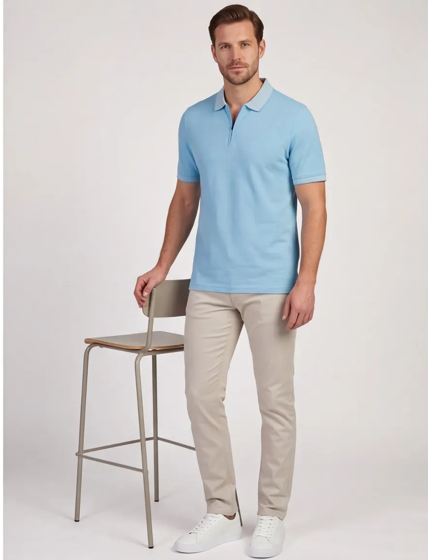 Blauw poloshirt Bugatti korte mouw met rits korte mouw