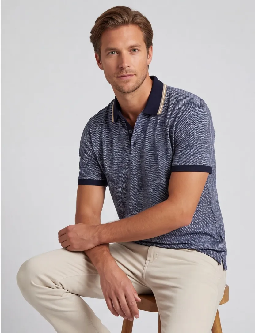 Poloshirt Bugatti donkerblauw geprint wijde fit katoen