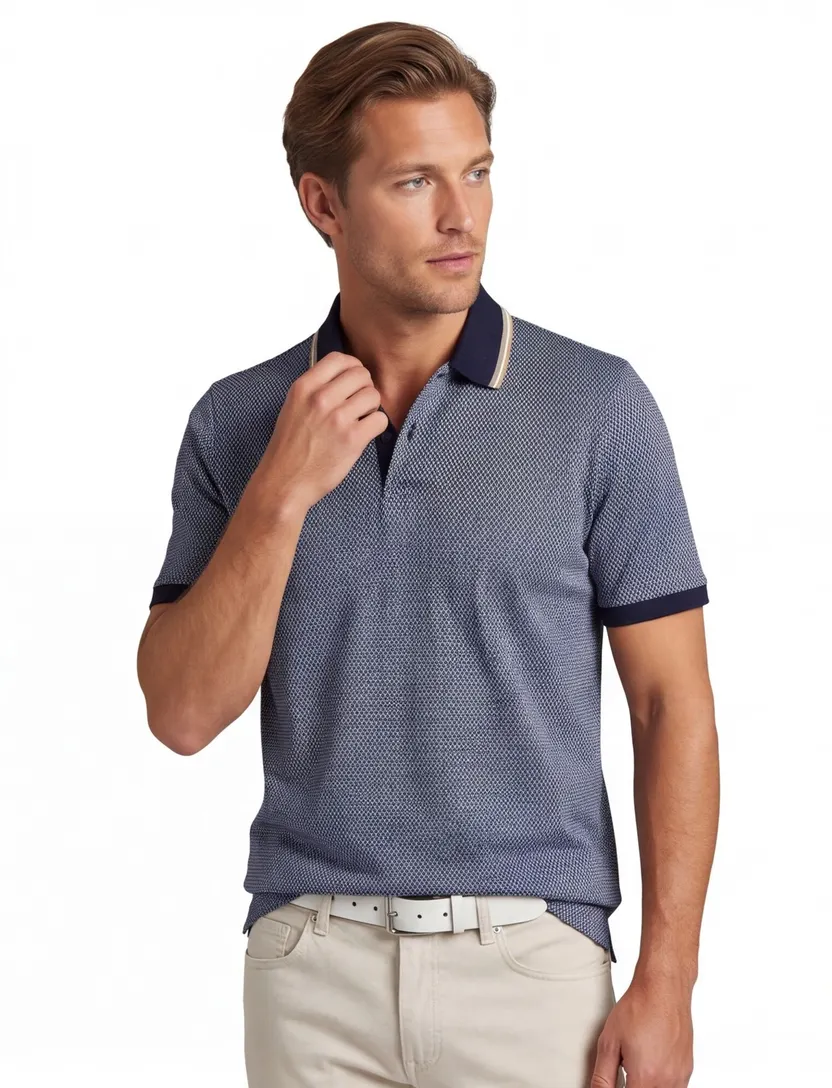 Poloshirt Bugatti donkerblauw geprint wijde fit katoen