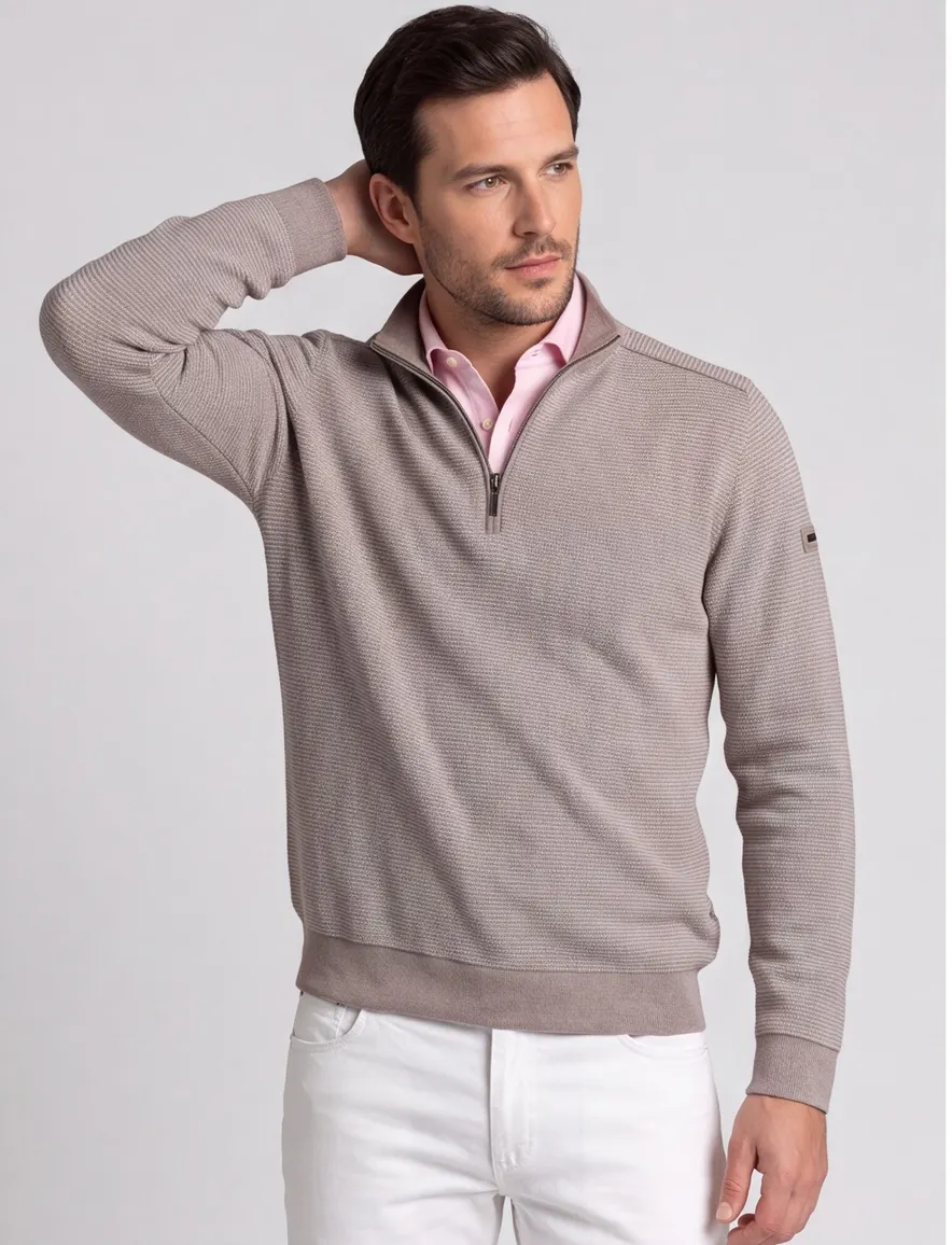 Grijze half zip trui Bugatti streepmotief