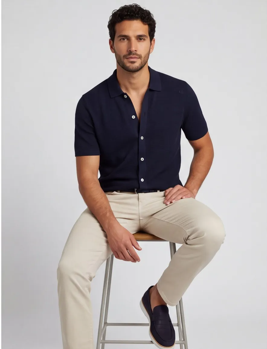 Bugatti poloshirt gebreid knopen donkerblauw