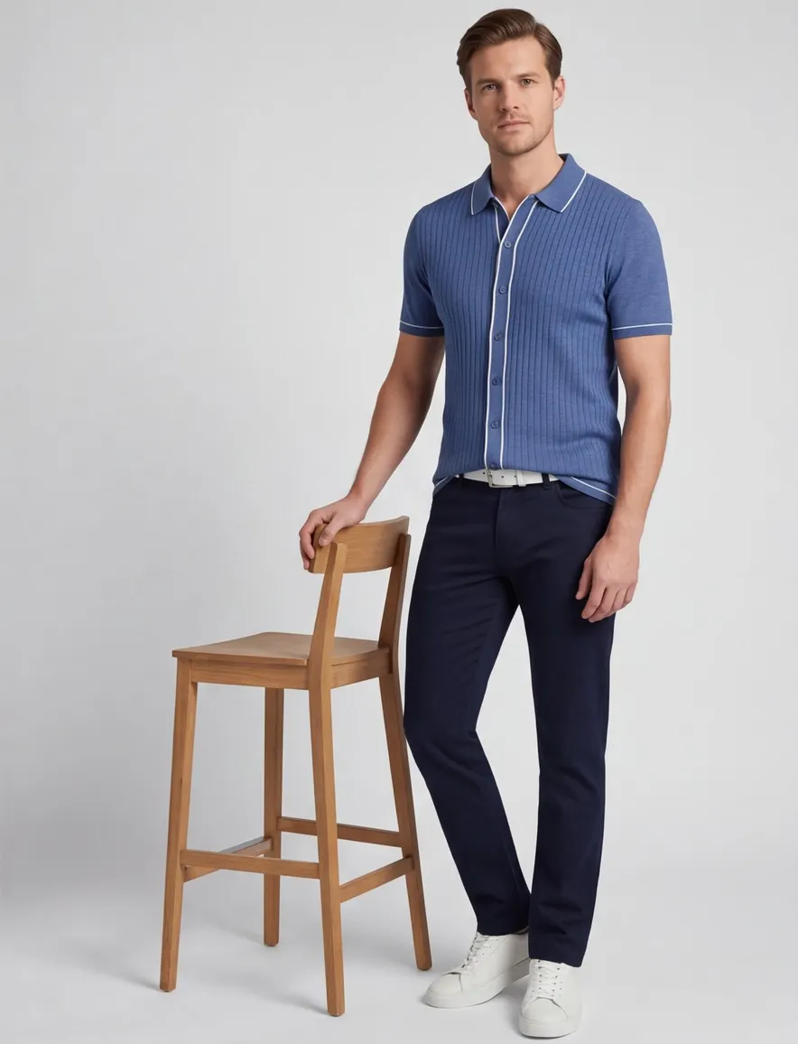 Bugatti poloshirt blauw witte rand doorknoops