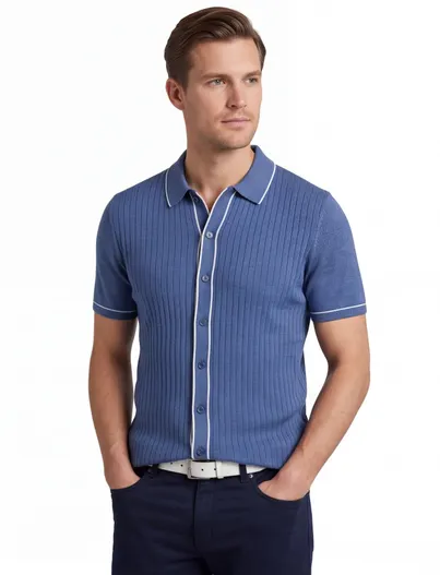 Bugatti poloshirt doorknoops Bugatti blauw witte rand knitted