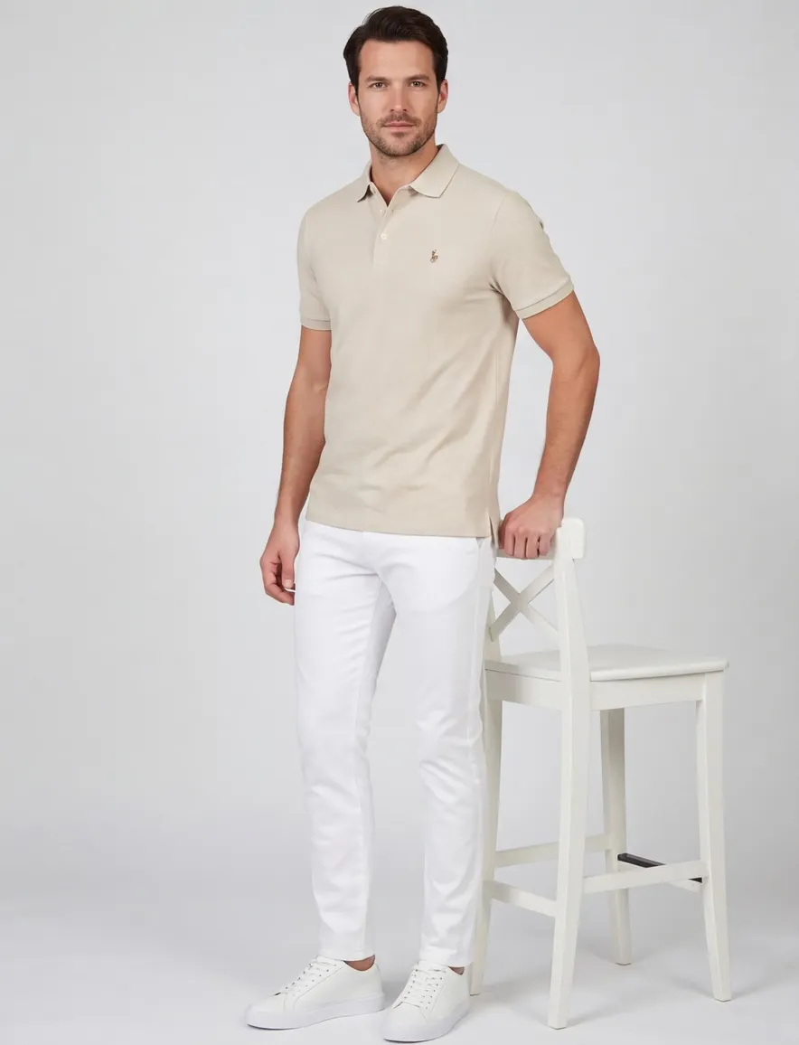 Beige gemeleerd poloshirt polo ralph lauren