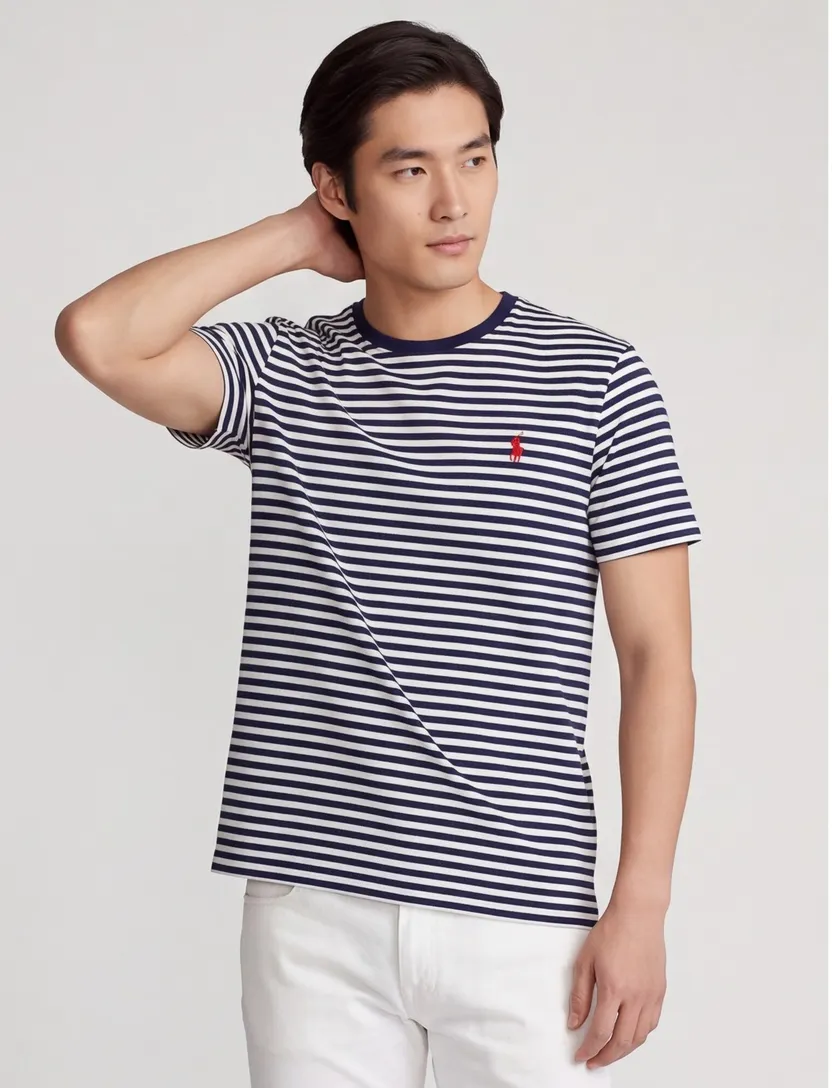 T-shirt Polo Ralph Lauren donkerblauw strepen Custom Slim Fit