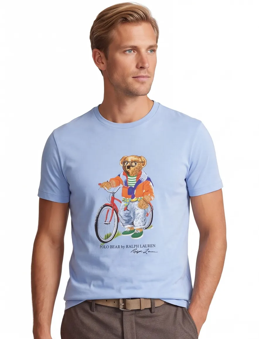 Blauw t-shirt Polo Ralph Lauren Custom slim fit opdruk beer