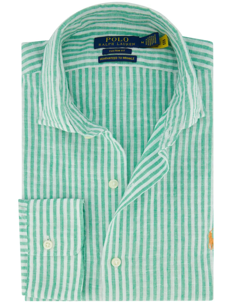 Linnen overhemd groen wit streep Polo Ralph Lauren Custom Fit