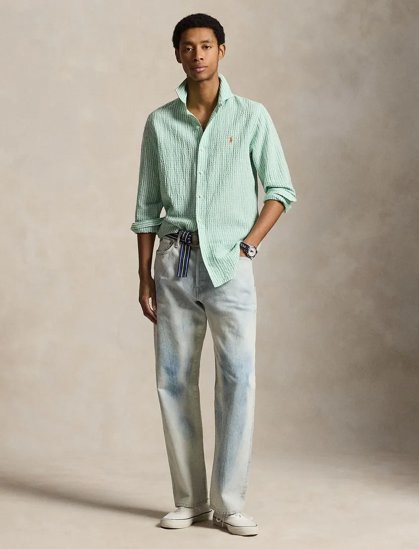 Polo Ralph Lauren linnen shirt groen wit gestreept Custom Fit