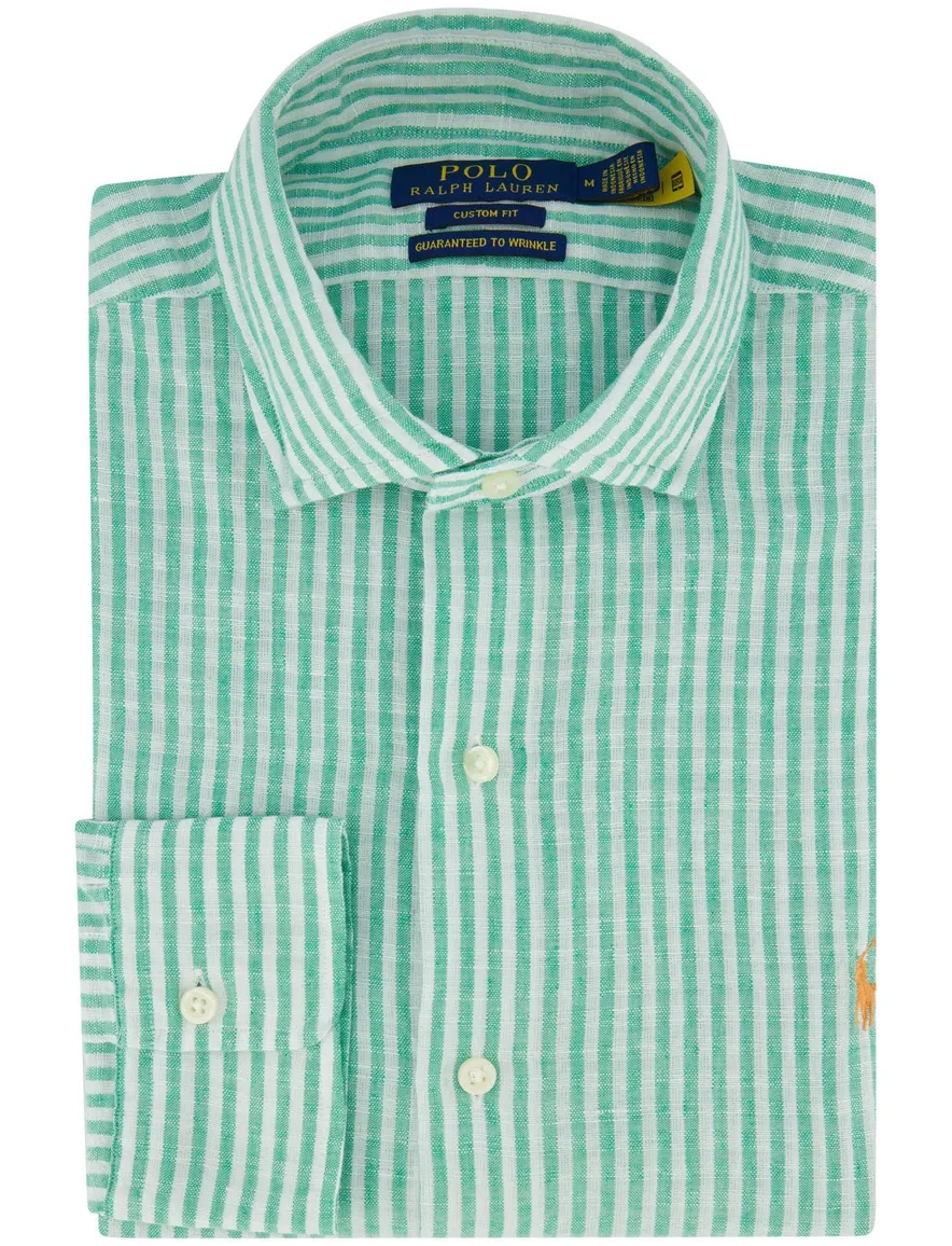 Linnen overhemd groen wit streep Polo Ralph Lauren Custom Fit