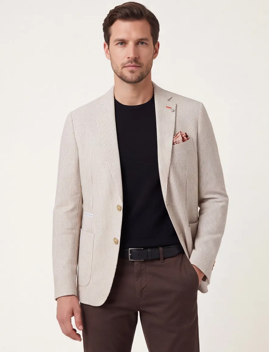 beige gestreept colbert A Fish Named Fred slim fit