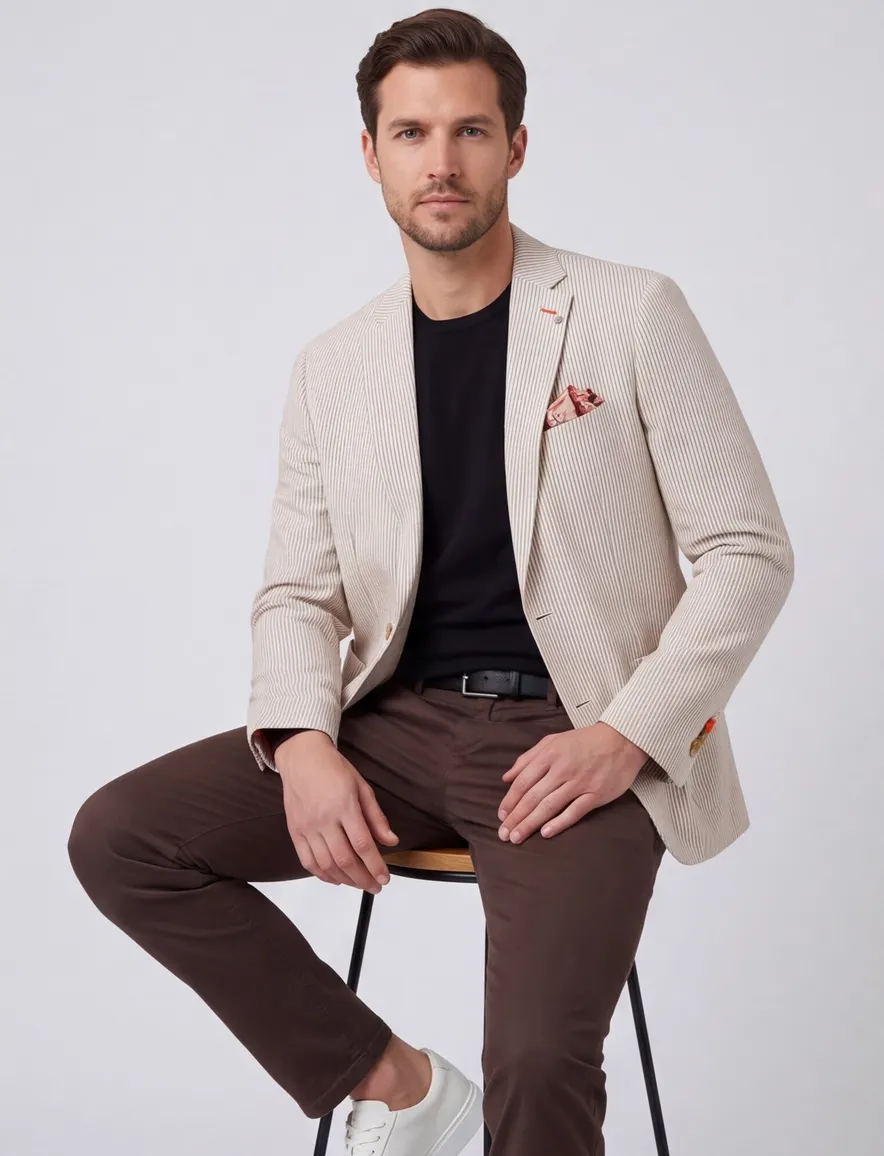 beige gestreept colbert A Fish Named Fred slim fit